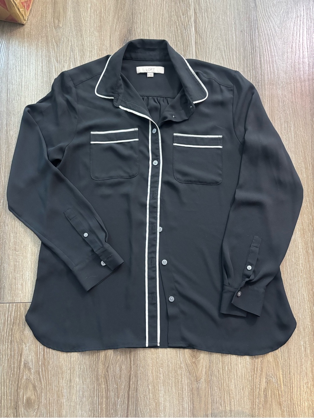LOFT Black Blouse with White Piping Trim